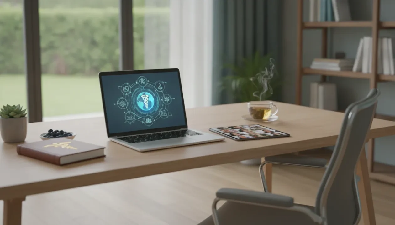 Laptop displaying holistic health icons for an online holistic health bachelor's degree.
