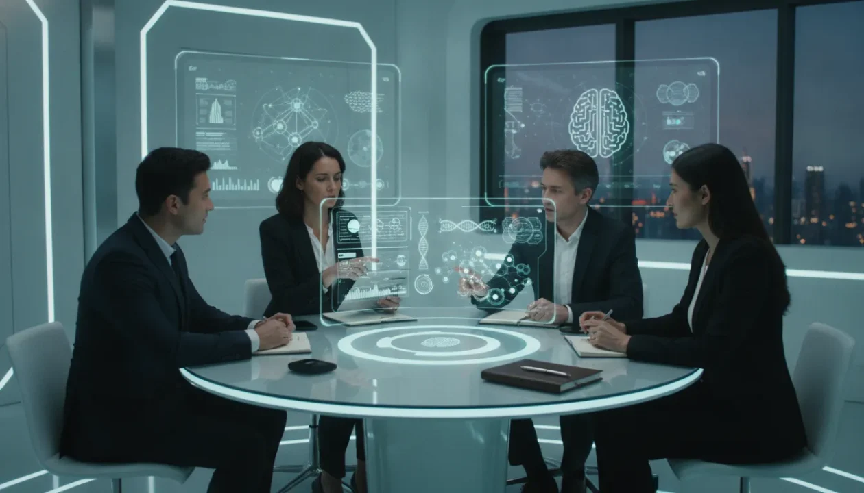 Professionals discuss biohacking practitioner training around a digital table.